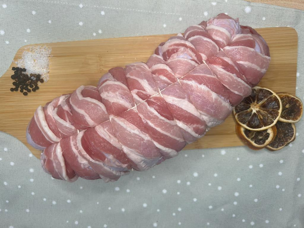 Turkey joint wrapped in streaky bacon prepared by Salvatori Butchers