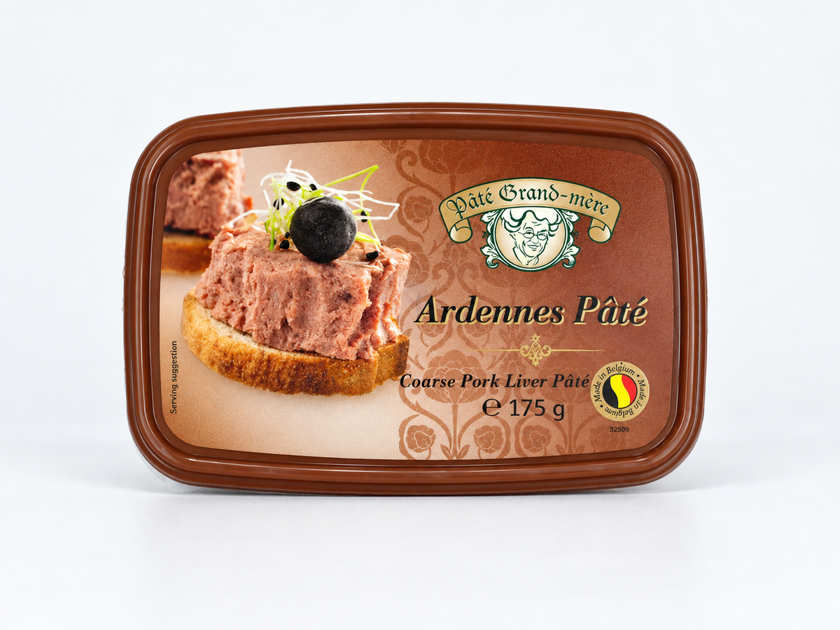 A rectangular tin of Pâté Grand-mère Ardennes Pâté, Coarse Pork Liver Pâté, 175 g, shown on a clean white background. The packaging features a brown border and a label with a photo of a gourmet food item, the brand logo, and a Belgian flag emblem.