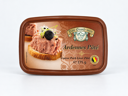 A rectangular tin of Pâté Grand-mère Ardennes Pâté, Coarse Pork Liver Pâté, 175 g, shown on a clean white background. The packaging features a brown border and a label with a photo of a gourmet food item, the brand logo, and a Belgian flag emblem.