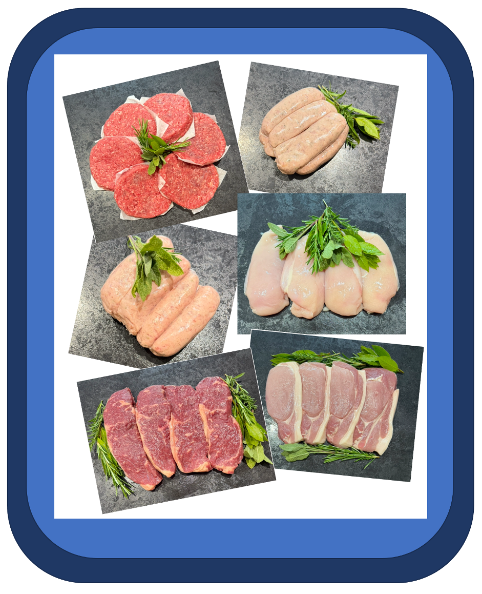 Family BBQ meat box with sirloin steaks burgers sausages chicken breasts and pork steaks