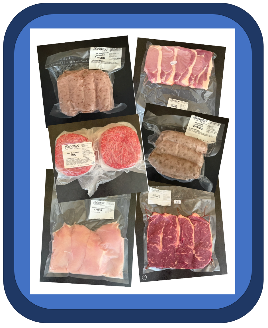 Family BBQ meat box with sirloin steaks burgers sausages chicken breasts and pork steaks