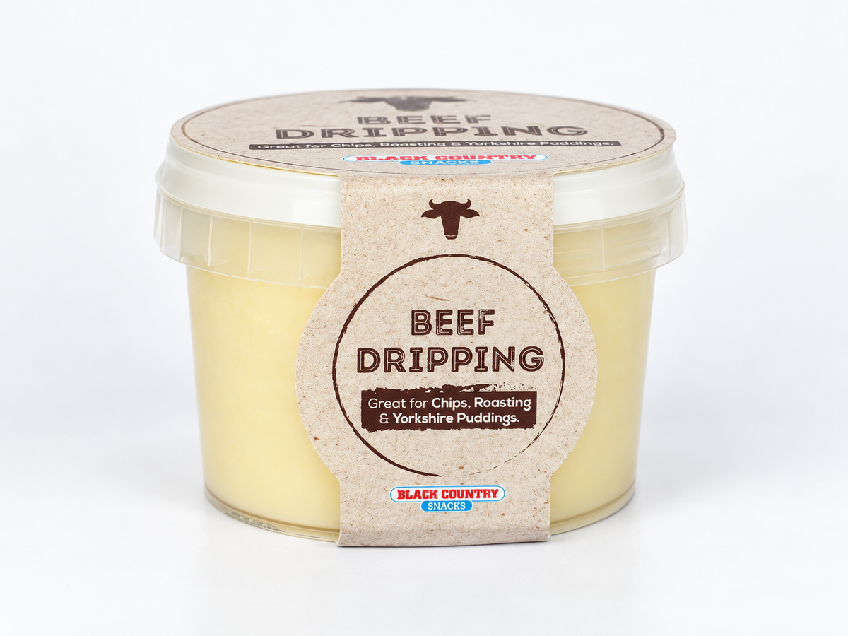 A clear plastic tub of Black Country Beef Dripping lard with a kraft paper label and lid, set against a plain white background.